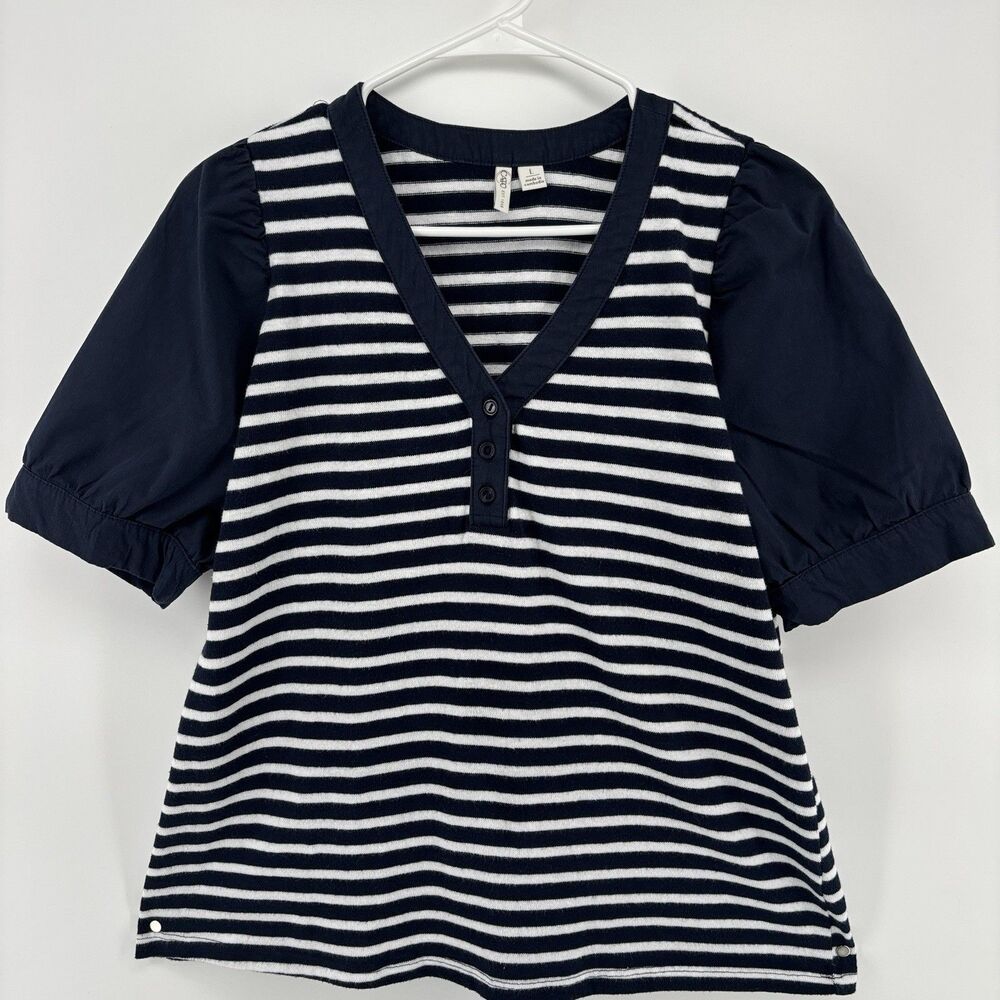 Cato Top Womens L Navy White Striped V-Neck Button Puff Sleeve